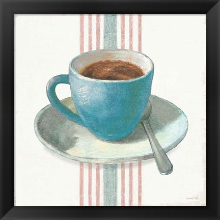 Framed Wake Me Up Coffee IV Blue with Stripes No Cookie Print