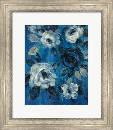 Framed Loose Flowers on Blue II Print