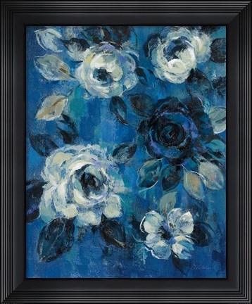 Framed Loose Flowers on Blue II Print