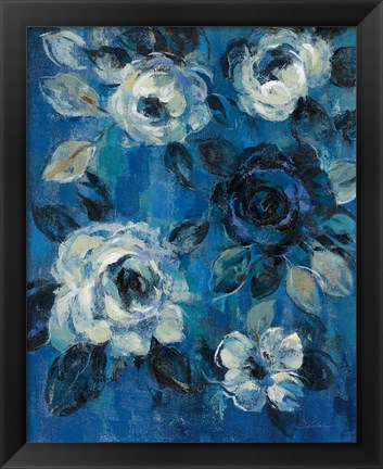 Framed Loose Flowers on Blue II Print