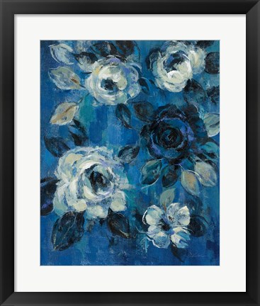 Framed Loose Flowers on Blue II Print