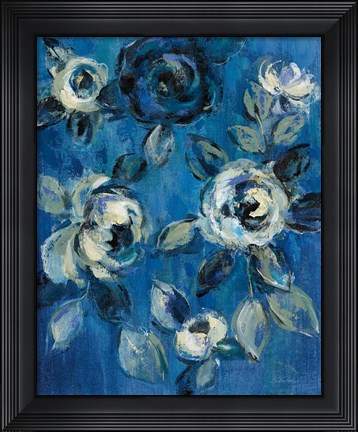 Framed Loose Flowers on Blue I Print