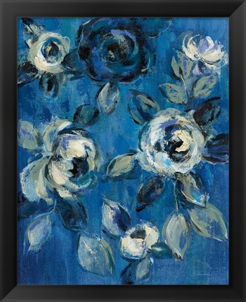 Framed Loose Flowers on Blue I Print