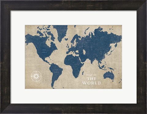 Framed Burlap World Map I Navy Print