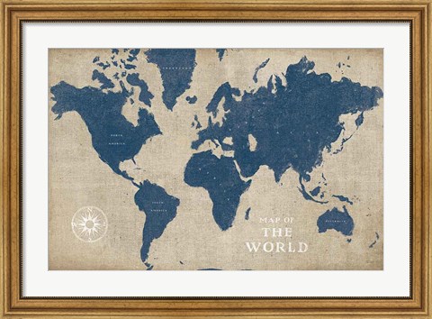 Framed Burlap World Map I Navy Print