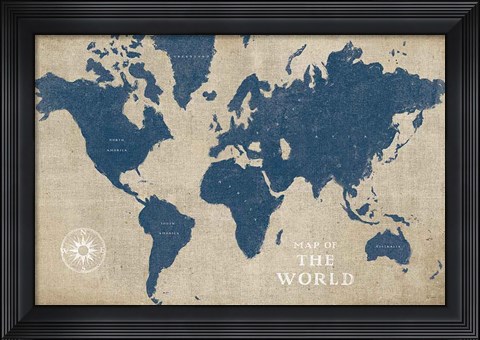 Framed Burlap World Map I Navy Print