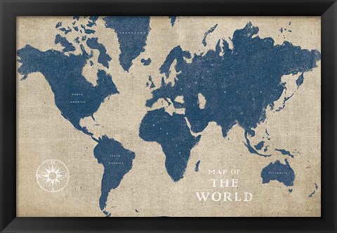 Framed Burlap World Map I Navy Print