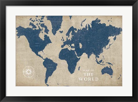 Framed Burlap World Map I Navy Print