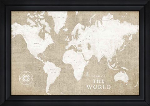 Framed Burlap World Map I Print