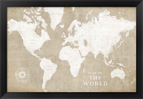 Framed Burlap World Map I Print