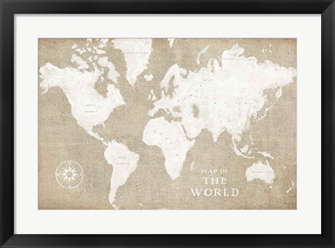 Framed Burlap World Map I Print