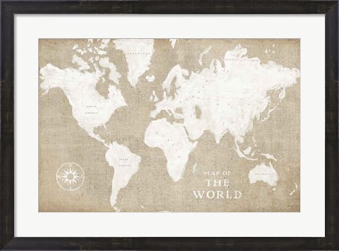 Framed Burlap World Map I Print
