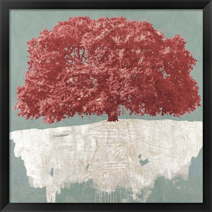 Framed Red Tree on Aqua Print