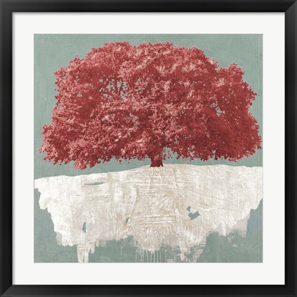 Framed Red Tree on Aqua Print