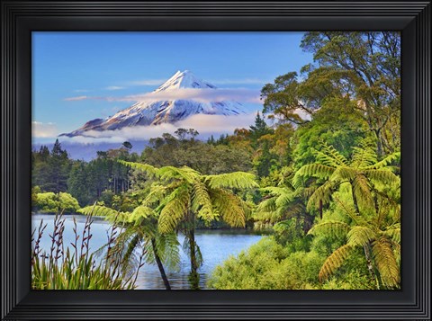 Framed Taranaki Mountain and Lake Mangamahoe, New Zealand Print