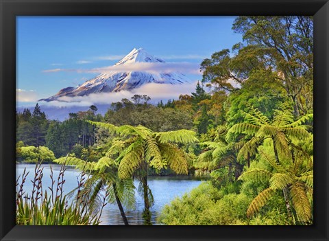 Framed Taranaki Mountain and Lake Mangamahoe, New Zealand Print