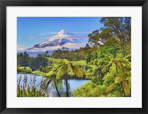 Framed Taranaki Mountain and Lake Mangamahoe, New Zealand Print