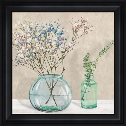 Framed Floral Setting with Glass Vases I Print