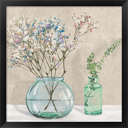 Framed Floral Setting with Glass Vases I Print