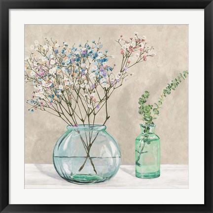 Framed Floral Setting with Glass Vases I Print