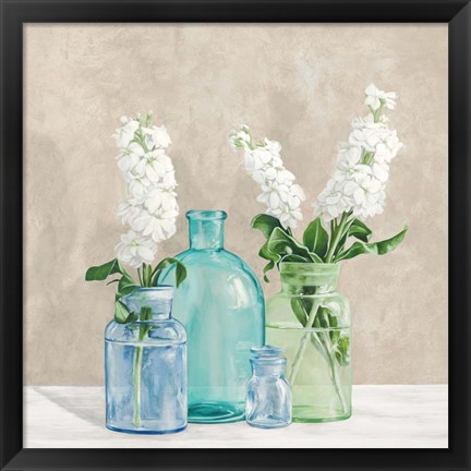 Framed Floral Setting with Glass Vases II Print