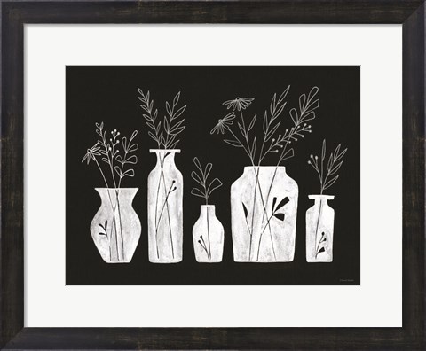 Framed White Line Floral Vases Print