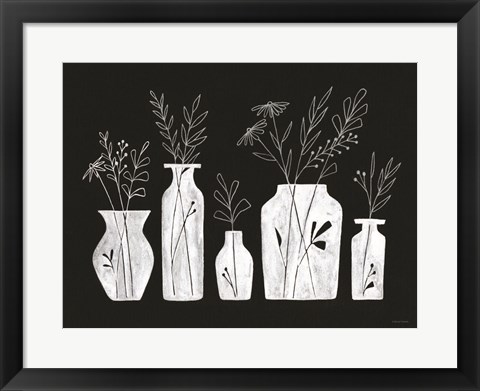 Framed White Line Floral Vases Print