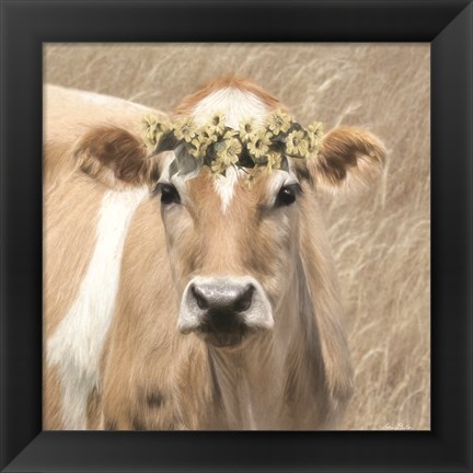 Framed Floral Cow I Print