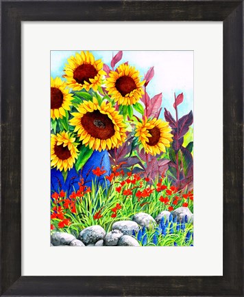Framed Sunflowers in Blue Vase Print