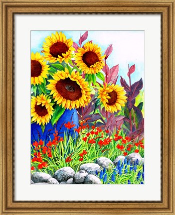 Framed Sunflowers in Blue Vase Print