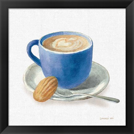 Framed Wake Up Coffee I Linen Classic Blue Print