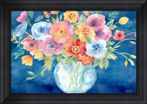 Framed Bright Poppies Vase Navy Print