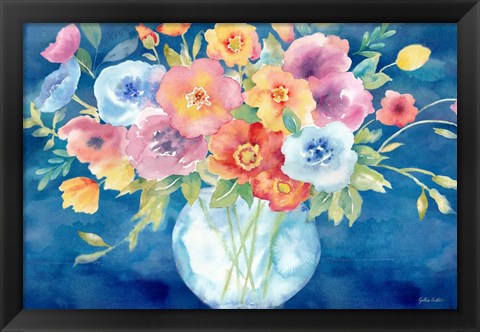 Framed Bright Poppies Vase Navy Print