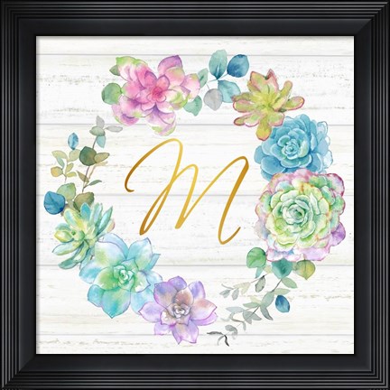 Framed Sweet Succulents Wreath Monogram M gold Print