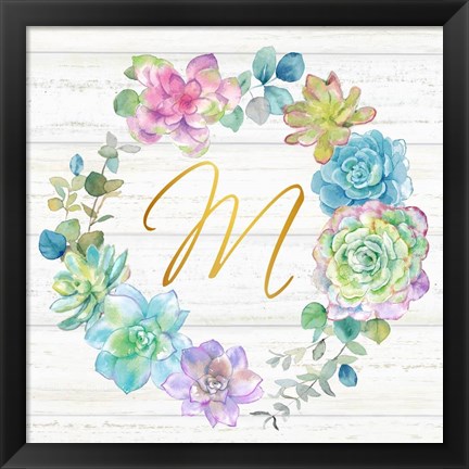 Framed Sweet Succulents Wreath Monogram M gold Print