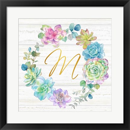 Framed Sweet Succulents Wreath Monogram M gold Print