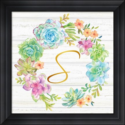 Framed Sweet Succulents Wreath Monogram S gold Print