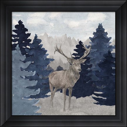 Framed Blue Cliff Mountains scene II-Deer Print