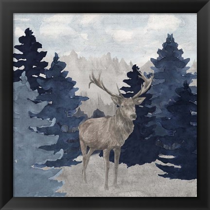 Framed Blue Cliff Mountains scene II-Deer Print