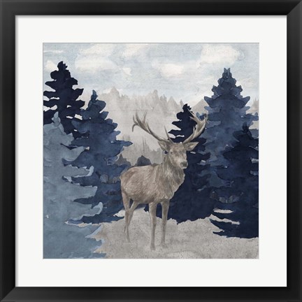 Framed Blue Cliff Mountains scene II-Deer Print