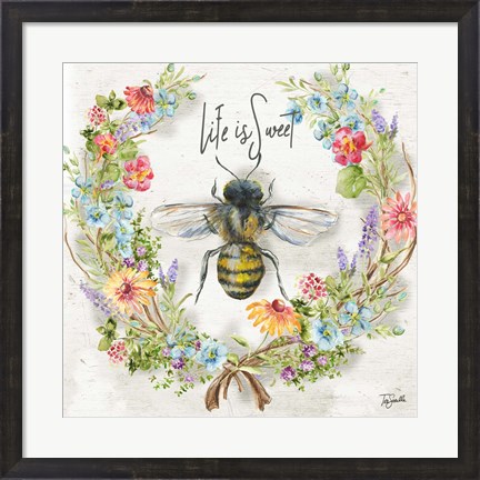 Framed Honey Bee and Herb Blossom Wreath I Print