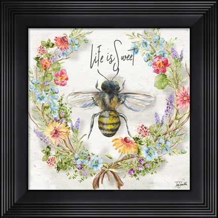 Framed Honey Bee and Herb Blossom Wreath I Print