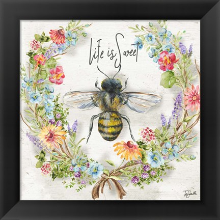 Framed Honey Bee and Herb Blossom Wreath I Print