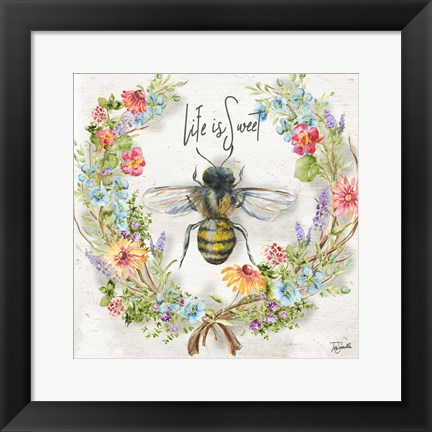 Framed Honey Bee and Herb Blossom Wreath I Print