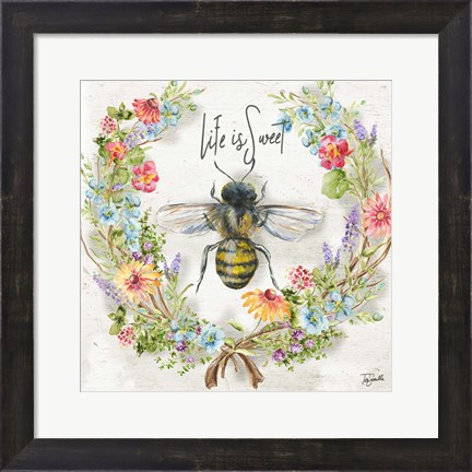 Framed Honey Bee and Herb Blossom Wreath I Print