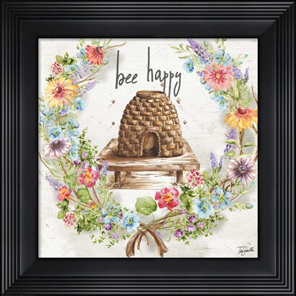 Framed Honey Bee and Herb Blossom Wreath II Print