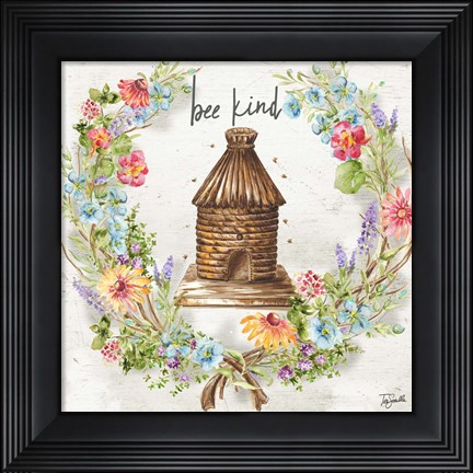 Framed Honey Bee and Herb Blossom Wreath III Print
