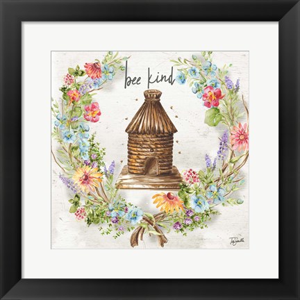 Framed Honey Bee and Herb Blossom Wreath III Print