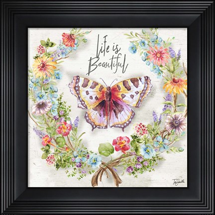 Framed Butterfly and Herb Blossom Wreath IV Print