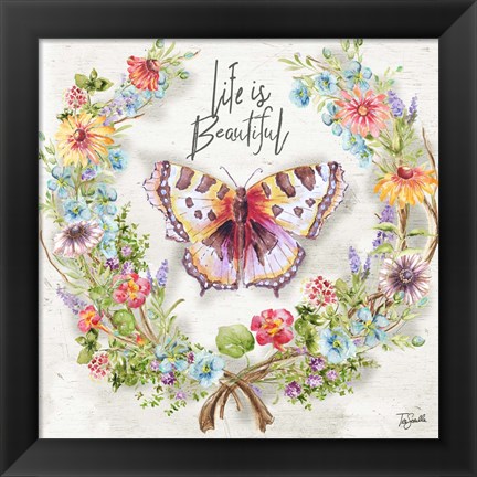 Framed Butterfly and Herb Blossom Wreath IV Print